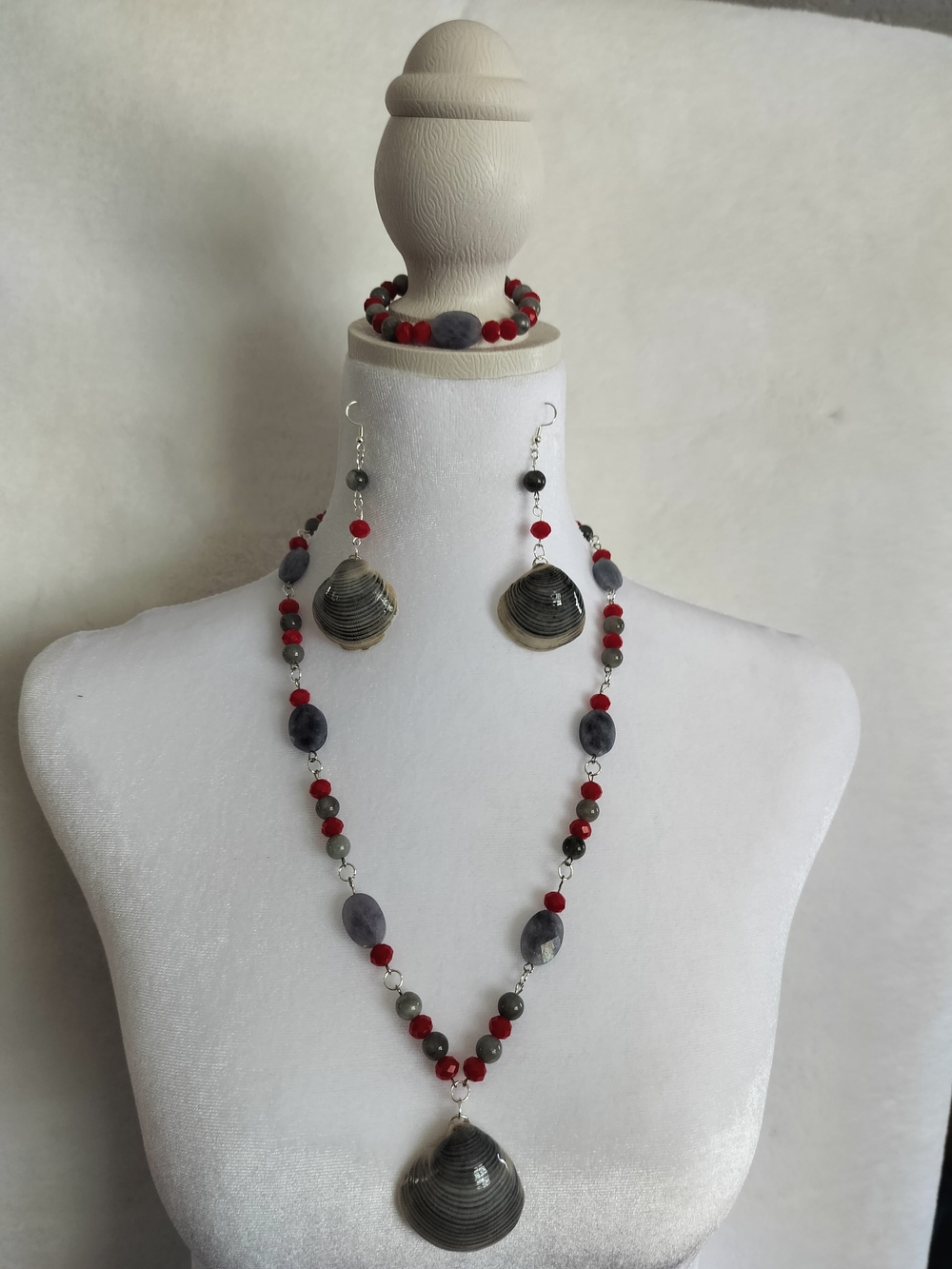 Handmade Red and Gray Shell Pendant Necklace & Earring Set